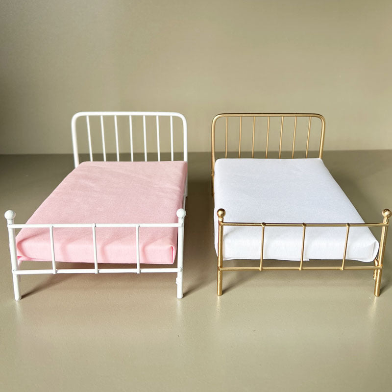 1:12 Dollhouse Iron Single Bed Set Pink Upholstery Nightstand Vintage De