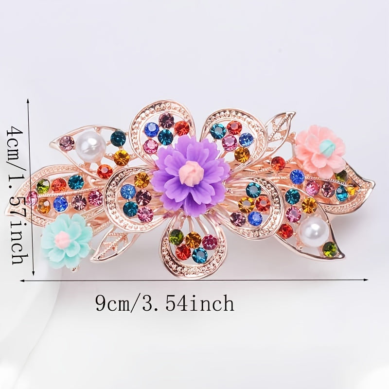 Colorful Flower Girls Hair Clip Barrette Rhinestone Faux Pearls Decor Hairpin