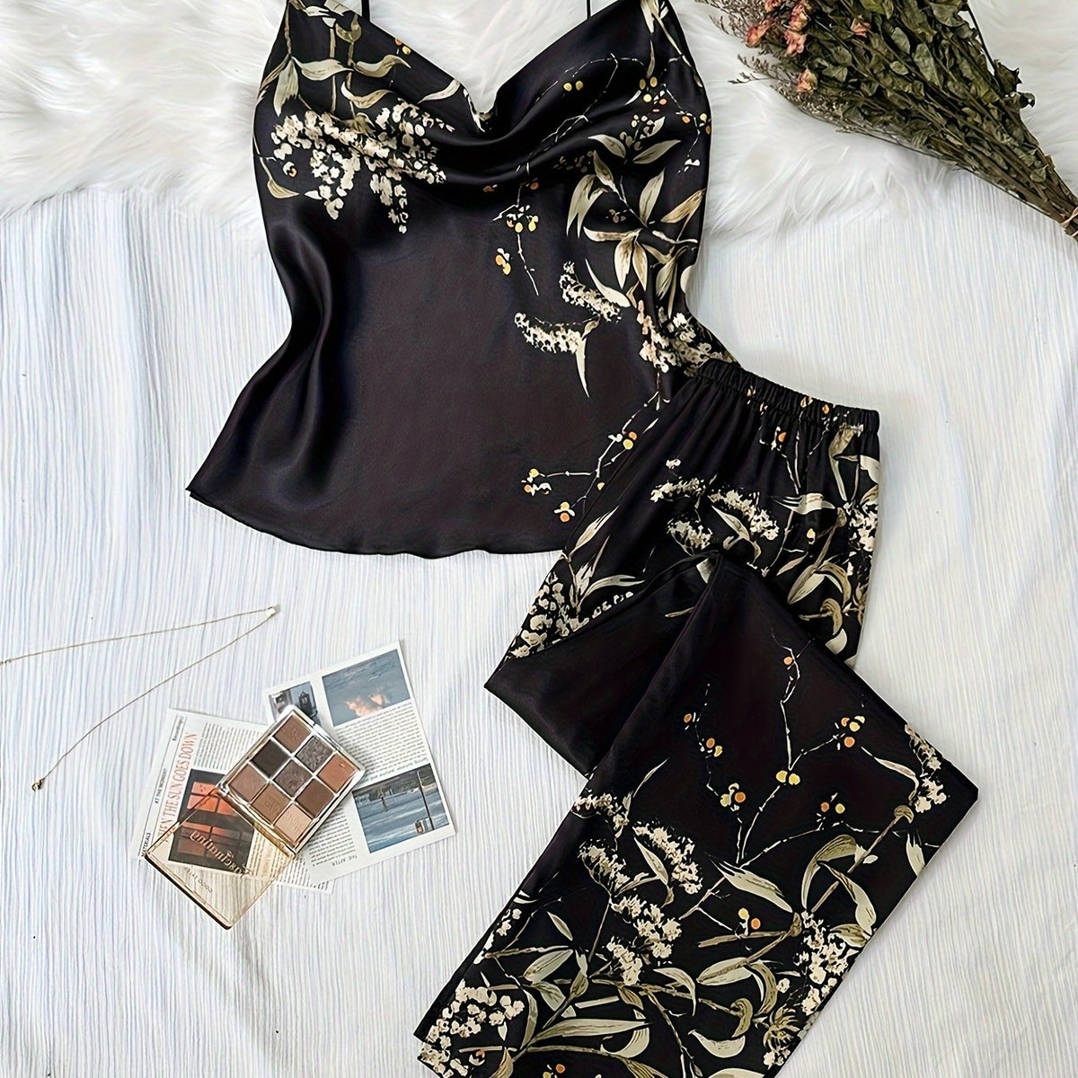 Floral Print Pajama Set Draped Collar Cami Top & Elastic Waistband Pants
