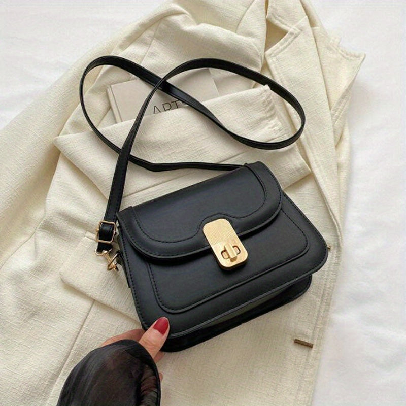 Colorblock Shoulder Bag with Turn Lock Flap - All Match Purse