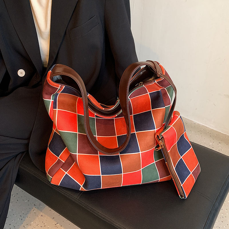 Japanese Style Plaid Tote Bag with Small Pouch