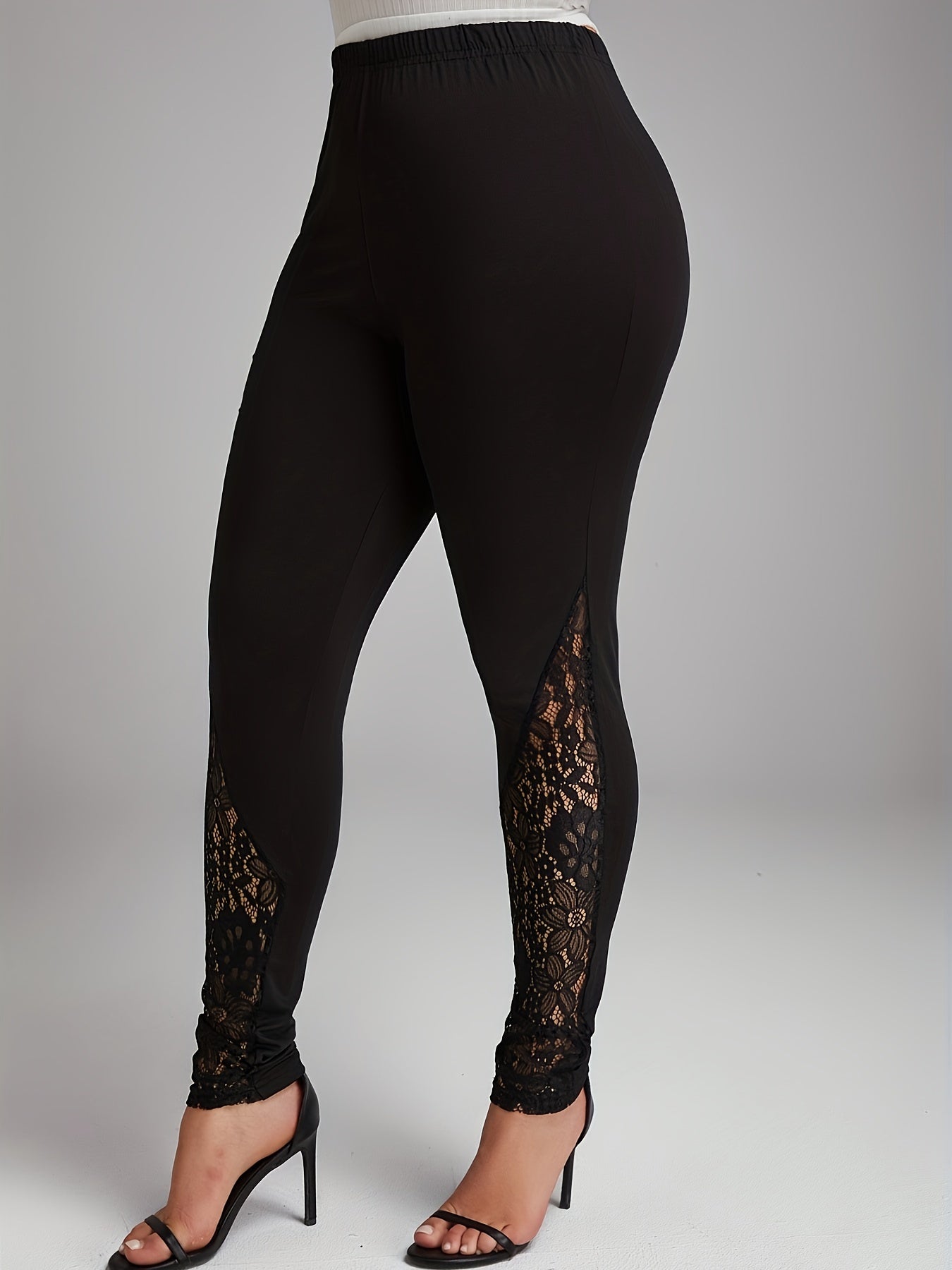  Sports Leggings Women's Plus Solid Contrast Lace Skinny