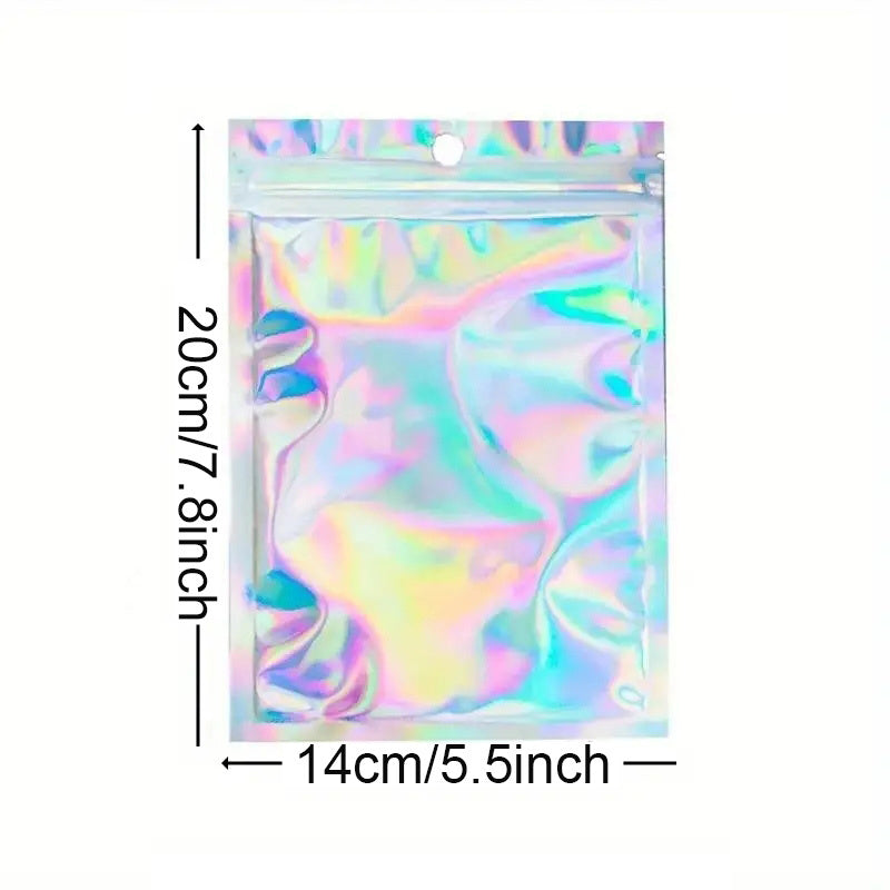 50pcs Resealable Smell Proof Bags Holographic Foil Pouch Flat Zip Lock Bag