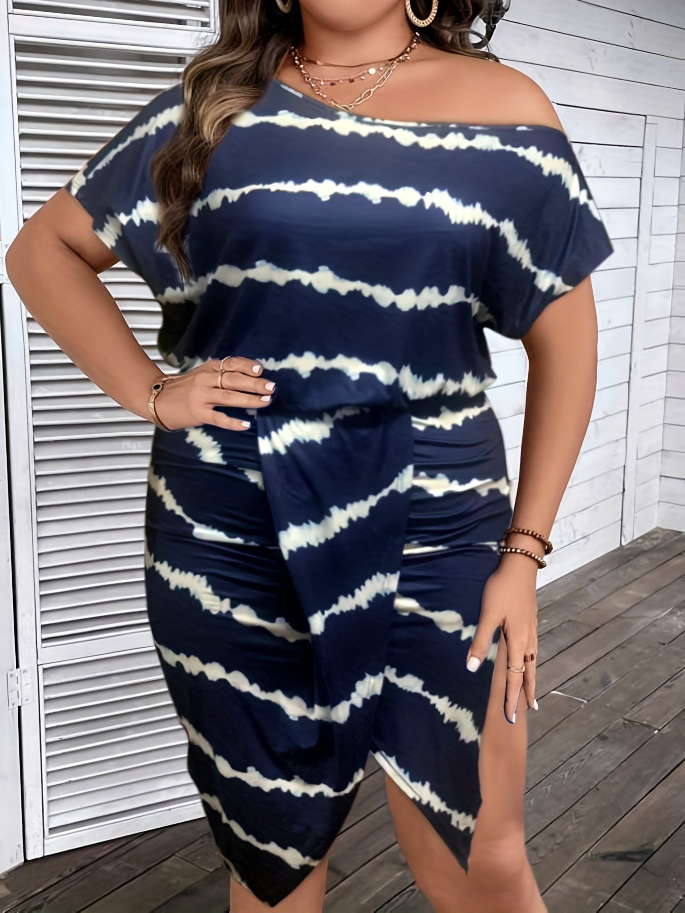  One Shoulder Striped Print Draped Front Dress