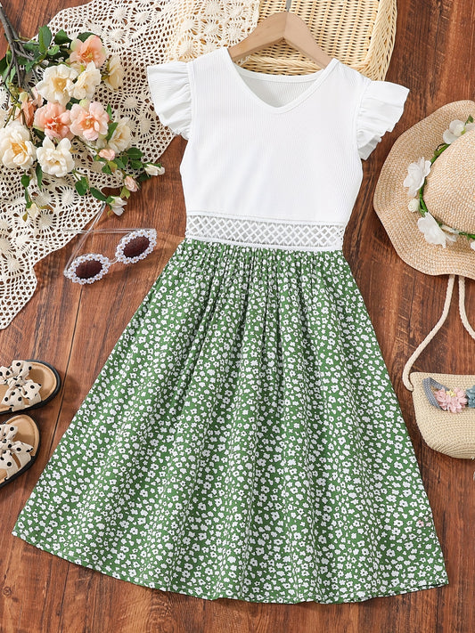 Toddler Girls Flutter Sleeve Dress Waist Hollow Flowers Graphic Princess Dress