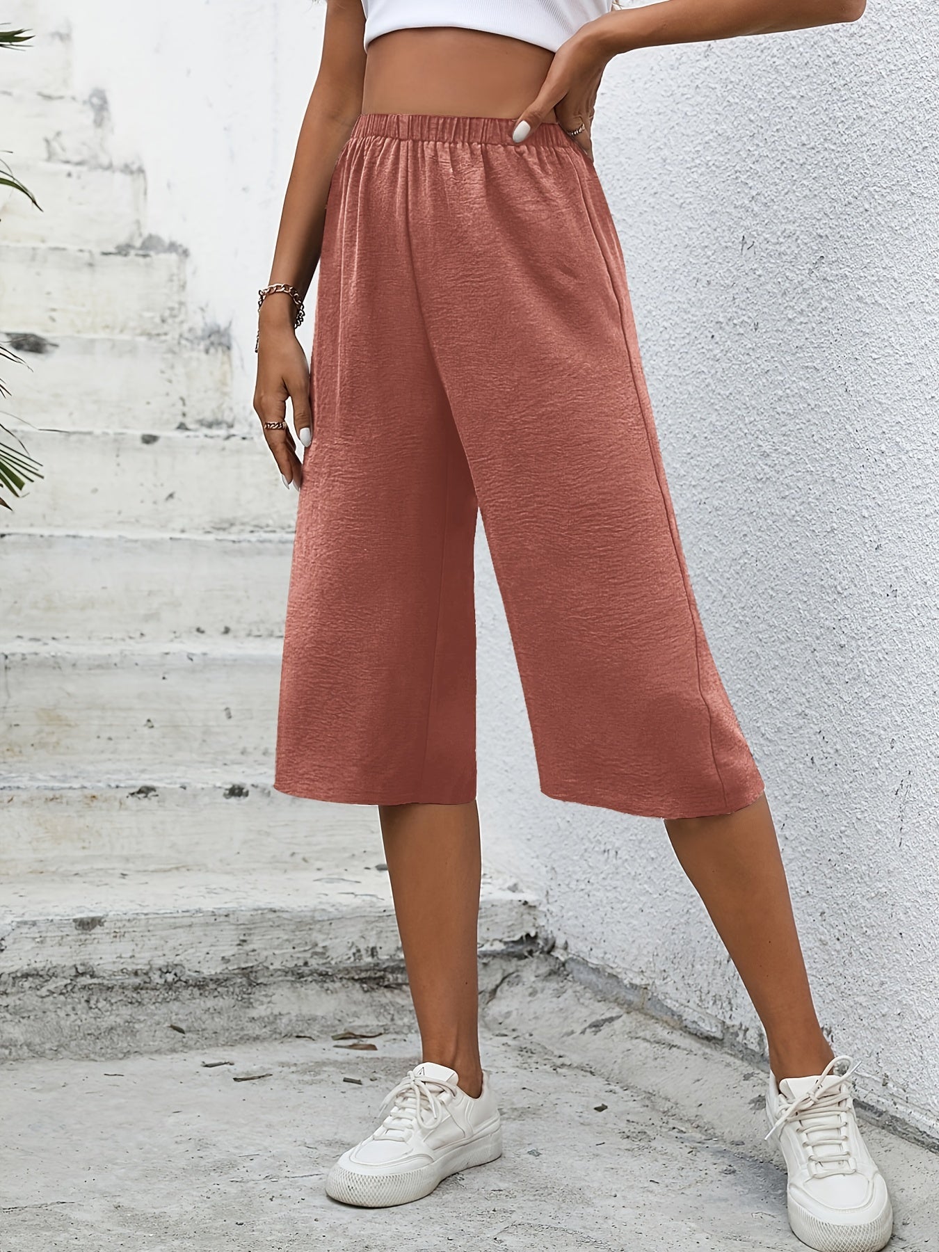Solid Wide Leg Capris High Waist Pants