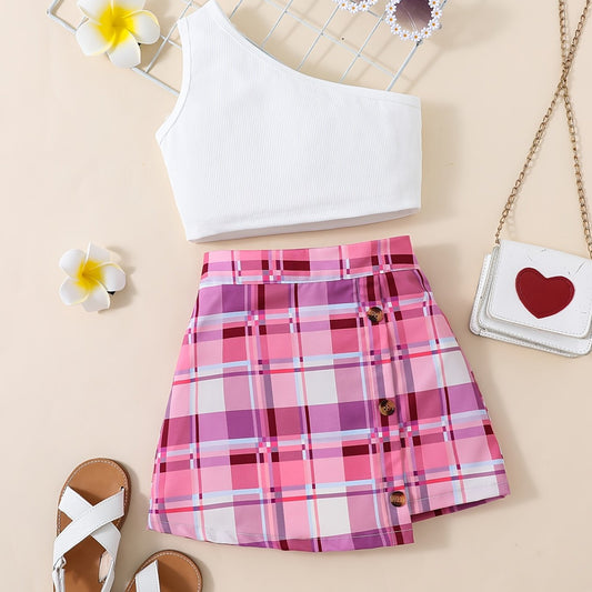 2pcs Toddler Girls Ribbed Crop Top Plaid Button Skirt Set