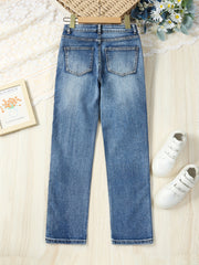 Girls' Raw Cut Skinny Jeans Stretchy Casual Street Tight Fit Denim Trousers
