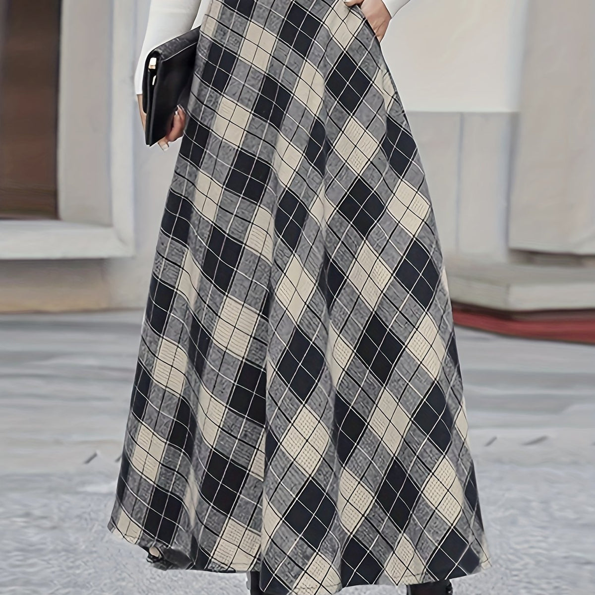  Plaid Print High Rise A Line Skirt With Pockets