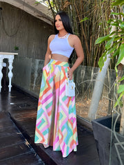  Geometric Print Wide Leg High Rise Pants