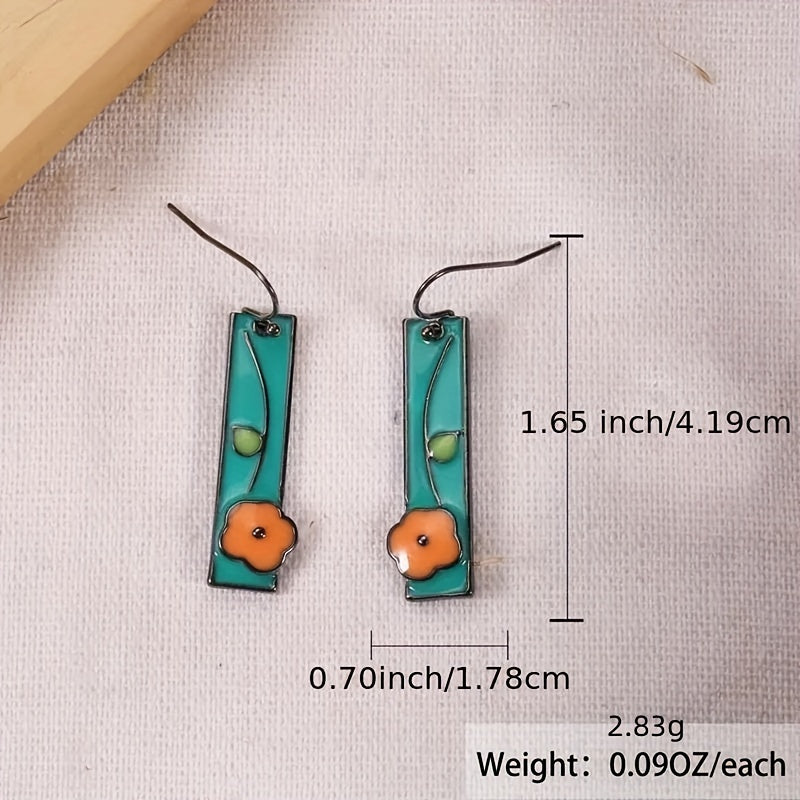 Boho Vintage Geometric Triangle Floral Drop Dangle Earrings 925 Silver Plated