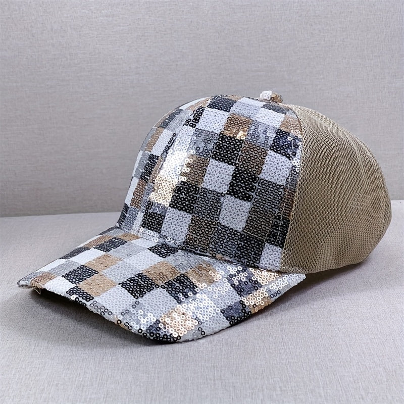 Sequin Block Trucker Hat Y2K Mesh Breathable Sunshade Baseball Cap