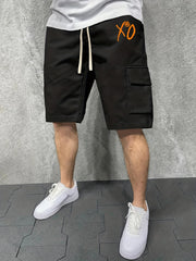XO Pattern Comfy Shorts Men's Solid Knee Elastic Waist Drawstring Shorts