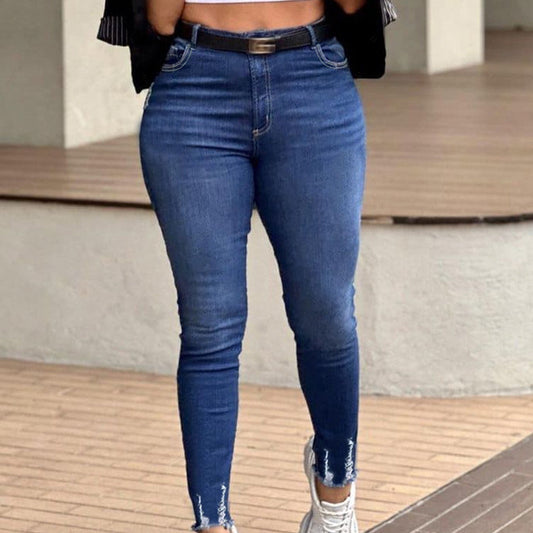  Washed Ripped Fringe Trim High Rise Skinny Jeans