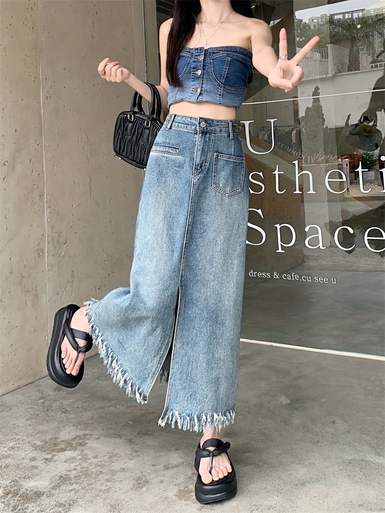 Fringe Trim Denim Maxi Skirt Straight Split Denim Skirt