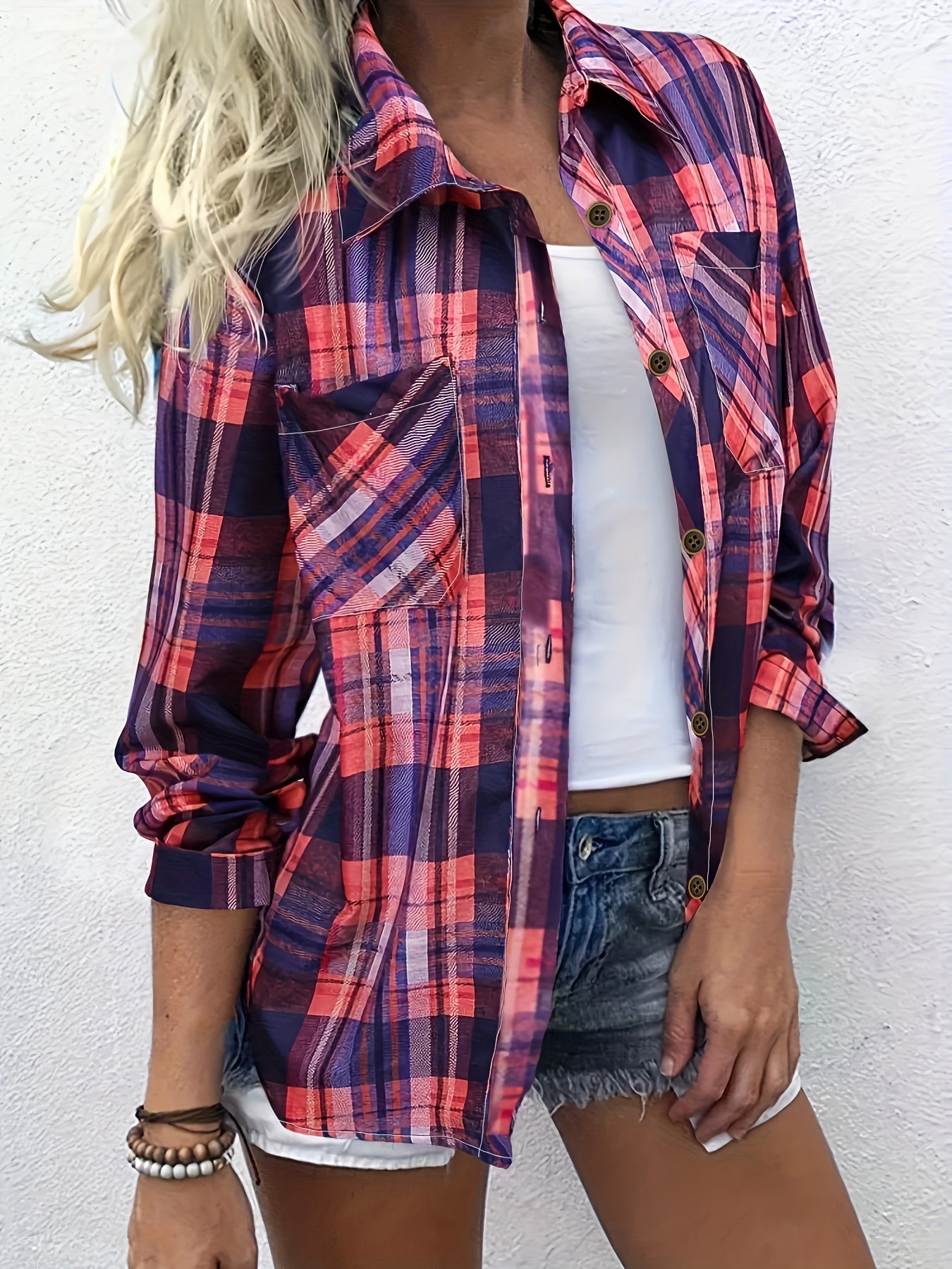  Plaid Print Long Sleeve Button Up Shirt