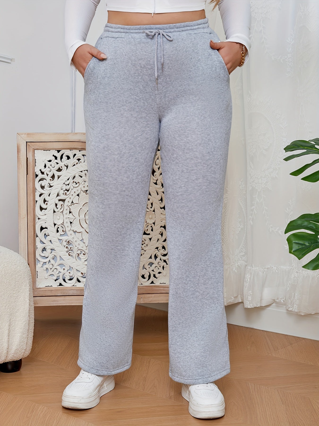 Sporty Plus Size Pants Women's Solid High Rise Trousers