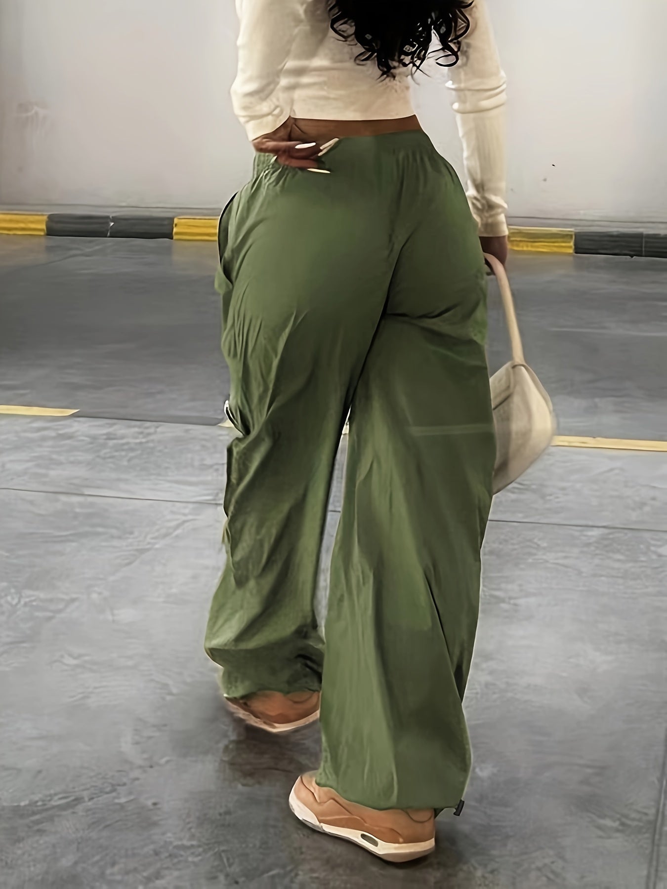  Solid High Rise Wide Leg Cargo Pants with Pockets