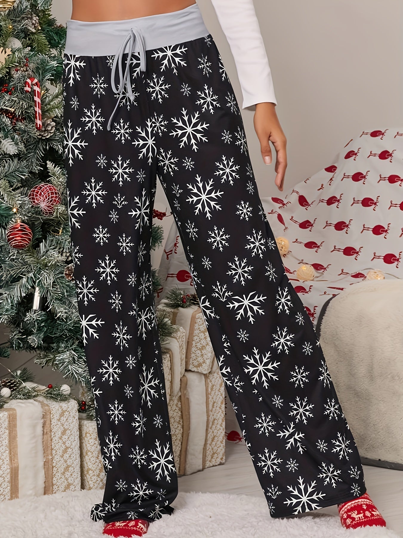 Women's Plus Snowflake Print Drawstring Elastic Waist Loose Trousers
