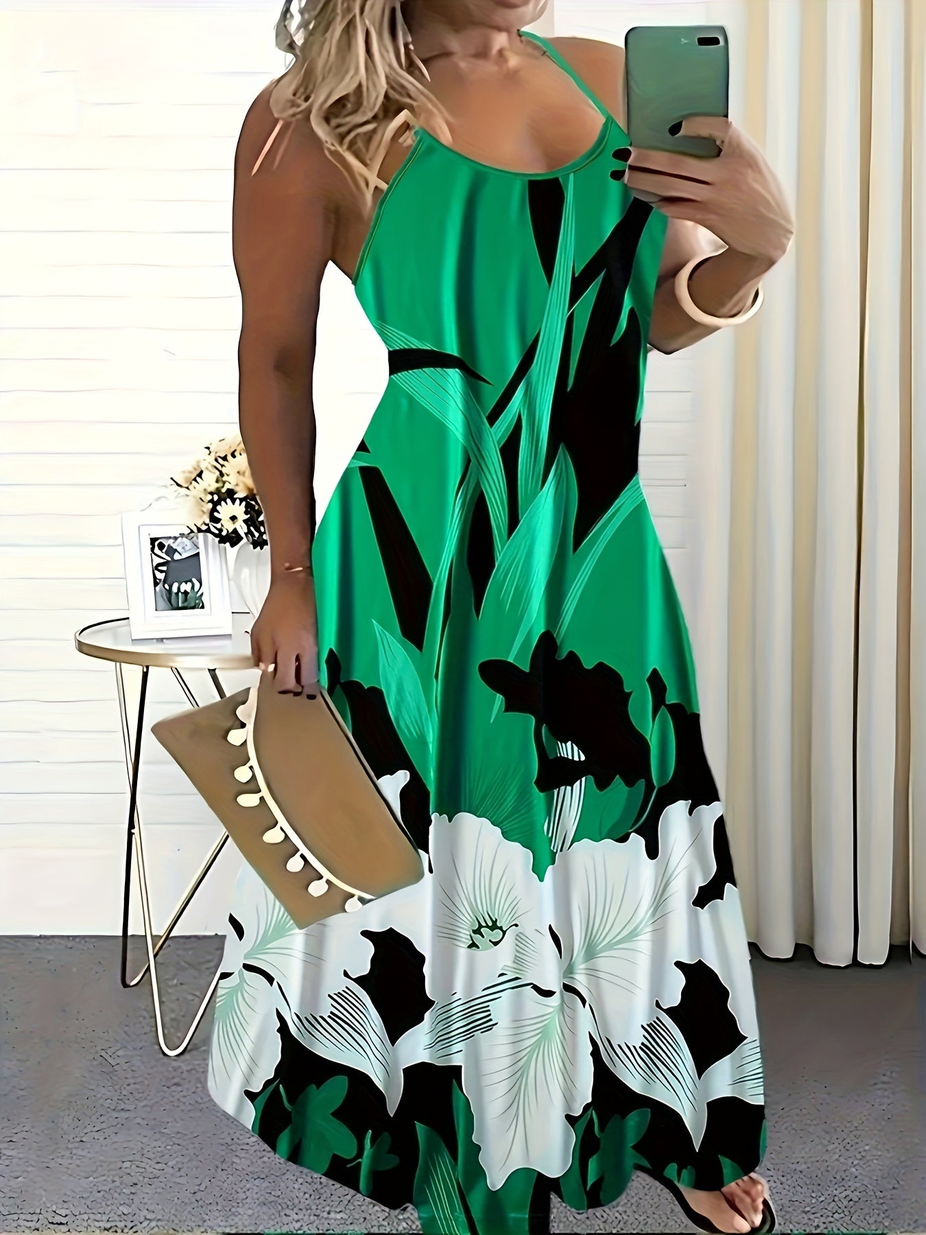  Floral Print V Neck Stretch Maxi Dress