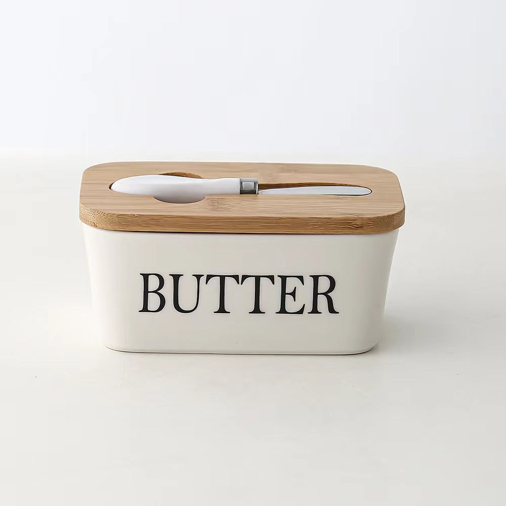 Ceramic Butter Dish With Bamboo Lid - Kitchen Sealed Jar