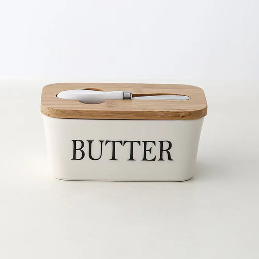 Ceramic Butter Dish With Bamboo Lid - Kitchen Sealed Jar