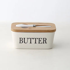 Ceramic Butter Dish With Bamboo Lid - Kitchen Sealed Jar