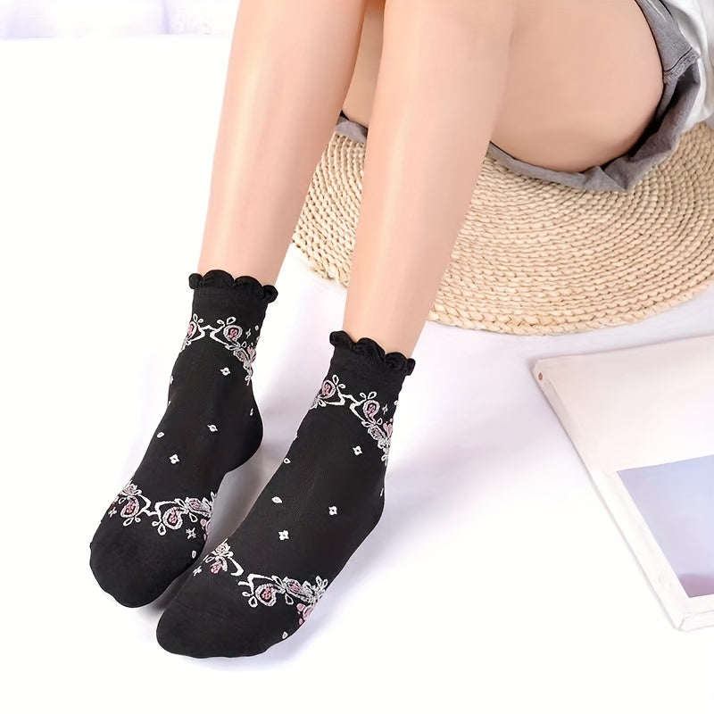 5 Pairs Floral Print Socks Comfy & Soft Crew Socks Women's Stockings