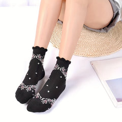 5 Pairs Floral Print Socks Comfy & Soft Crew Socks Women's Stockings