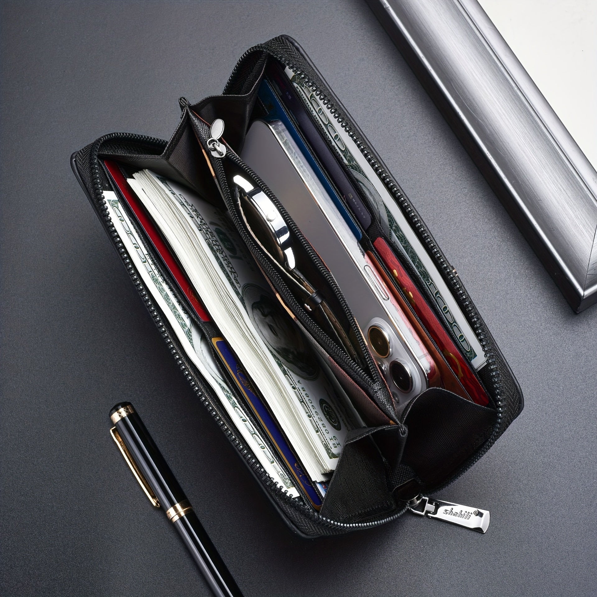 Men's Large Capacity Leather Wallet Clutch Bag Phone Bag