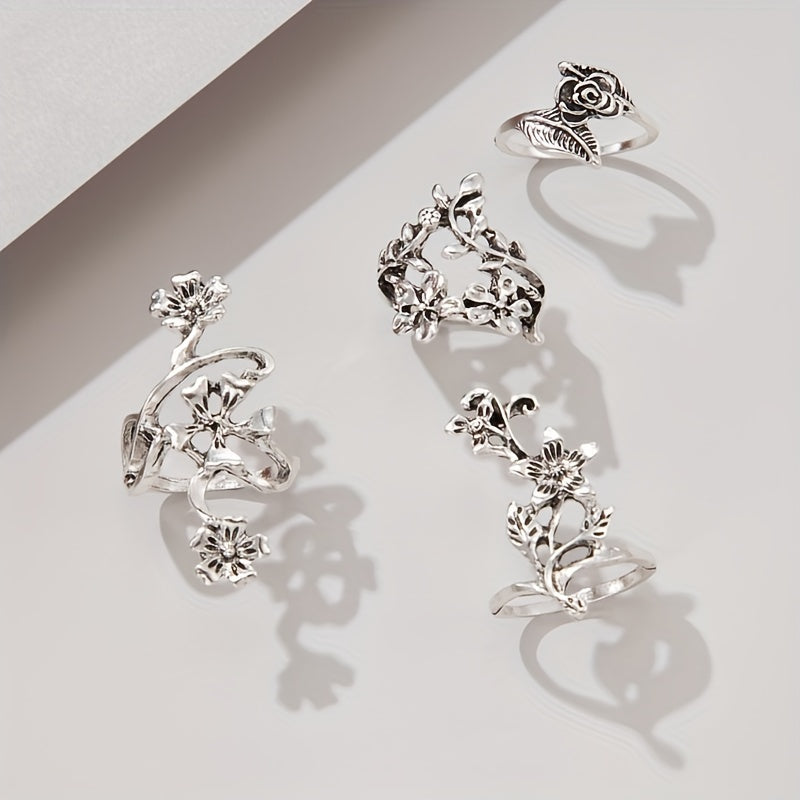 Boho Flower Stackable Leaf Finger Rings Set of 4