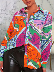  Chain & Floral Print Button Up Long Sleeve Blouse