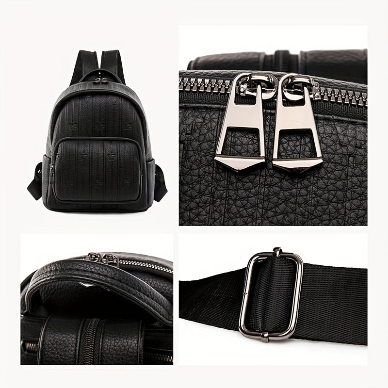 Mini Stripes Embossed Backpack Faux Leather Solid Rucksack For Travel Work
