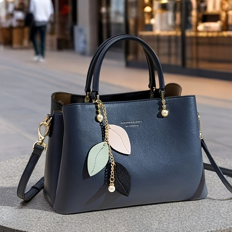 Women's Tote Bag with Detachable Shoulder Strap & Leaf Charm Pendant