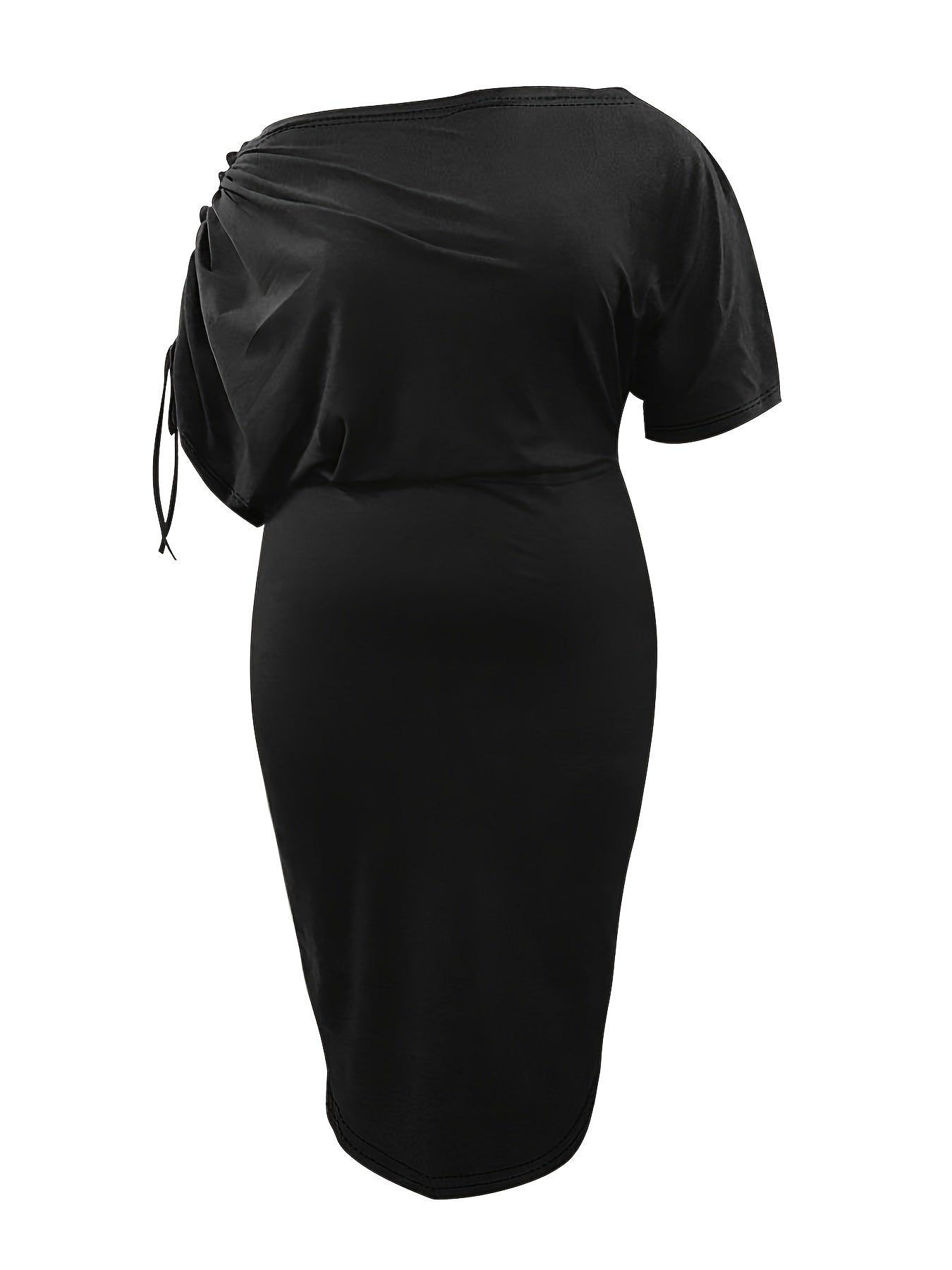  Solid Drawstring One Shoulder Midi Dress