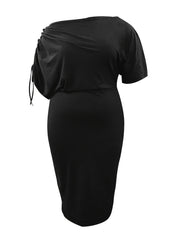  Solid Drawstring One Shoulder Midi Dress