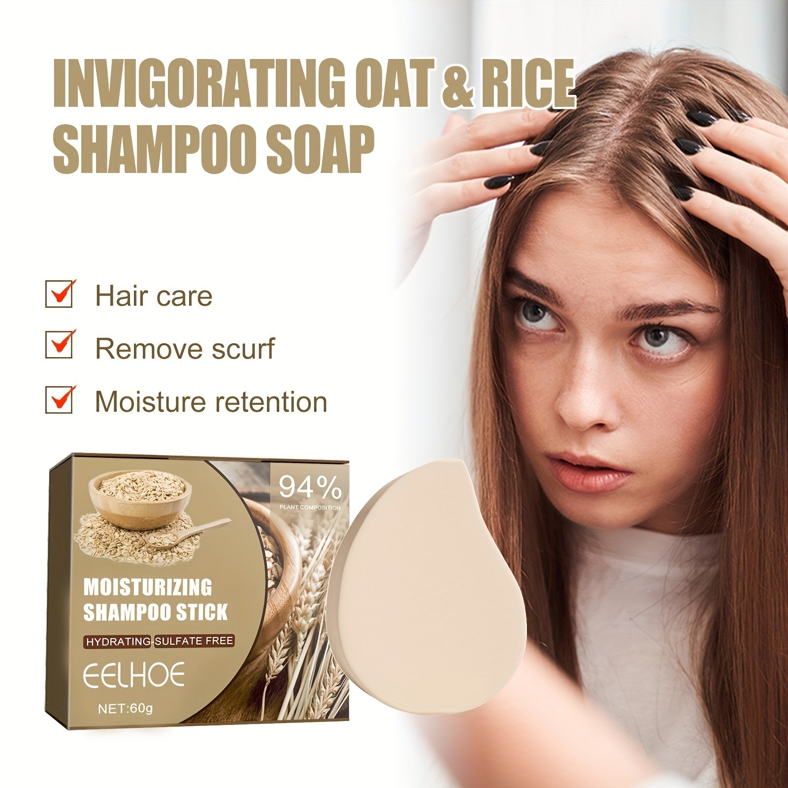 60g Oat & Rice Shampoo Soap for Strong, Thick, Revitalized Hair