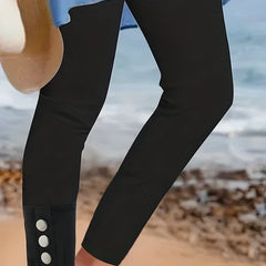 Solid Long Length Leggings with Buttons Women's Clothing