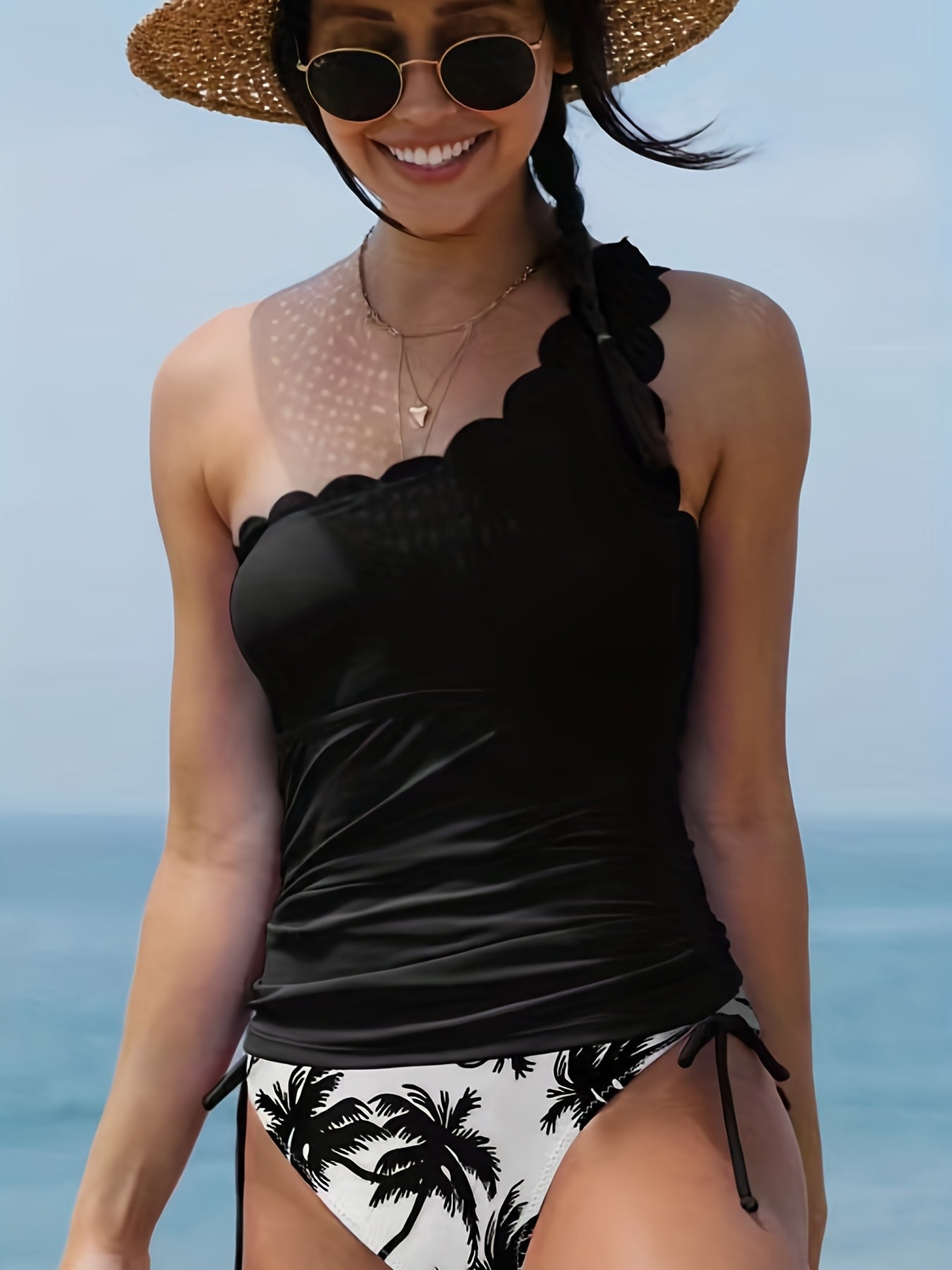 Coconut Tree One Shoulder Bikini Set Scallop Trim Two Piece Swimsuit
