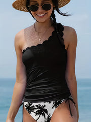 Coconut Tree One Shoulder Bikini Set Scallop Trim Two Piece Swimsuit