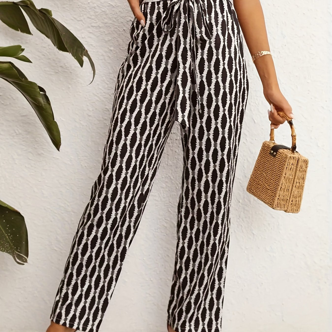  Geometric & Striped Print High Rise Wide Leg Pants With Belt