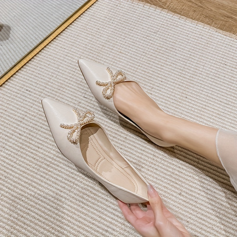 Women's Pointed Toe Flat Shoes Pearl Bow Slip On Office Work Ballet Flats
