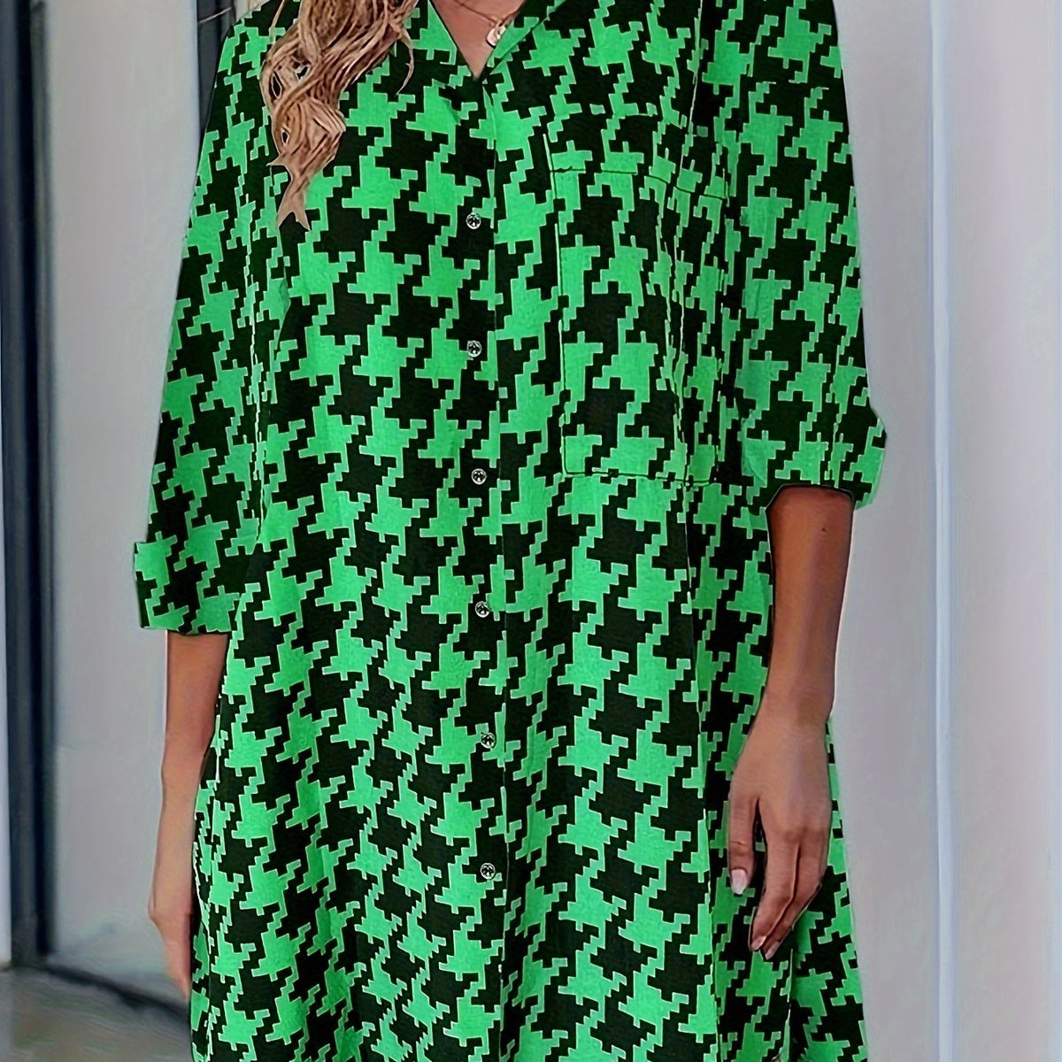  Houndstooth Print Button Up Blouse