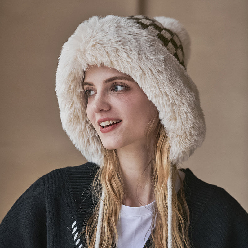 Fashionable Plaid Knit Plus Fur Ball Winter Hat