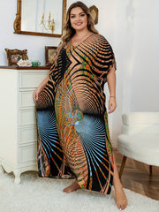 Boho Plus Size Cover Up Graphic Print V Neck Maxi Beach Dress