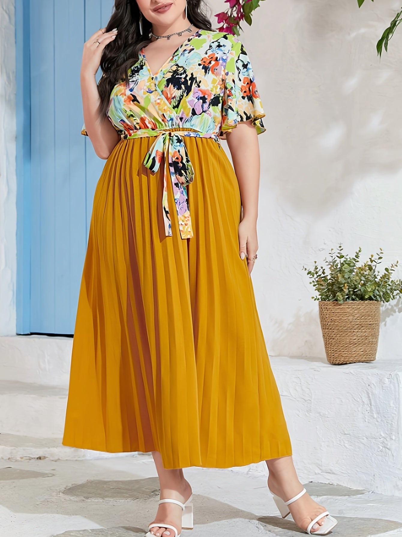  Print Butterfly Sleeve Maxi Dress With Belt