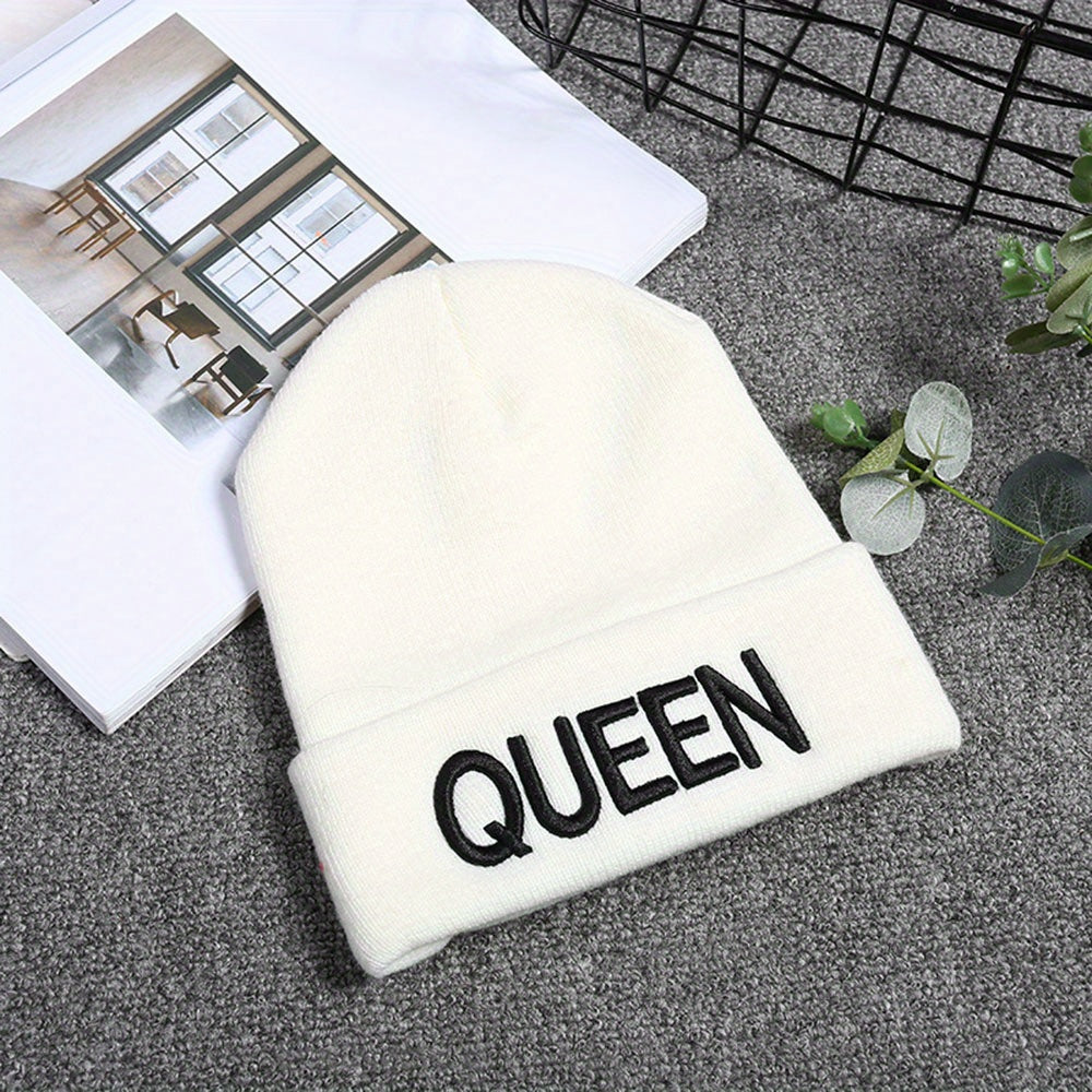 KING QUEEN Embroidery Beanie Solid Couple Knit Hat Elastic Skull Cap