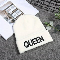 KING QUEEN Embroidery Beanie Solid Couple Knit Hat Elastic Skull Cap