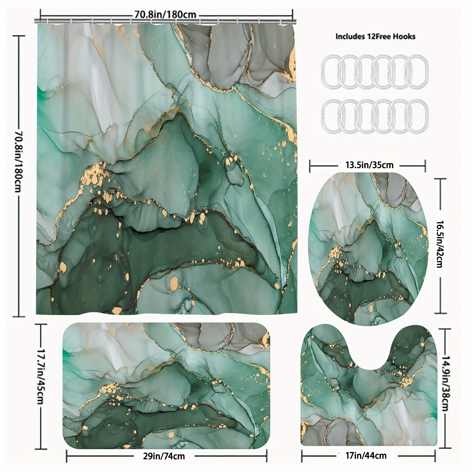3pcs Green Marble Pattern Shower Curtain Set