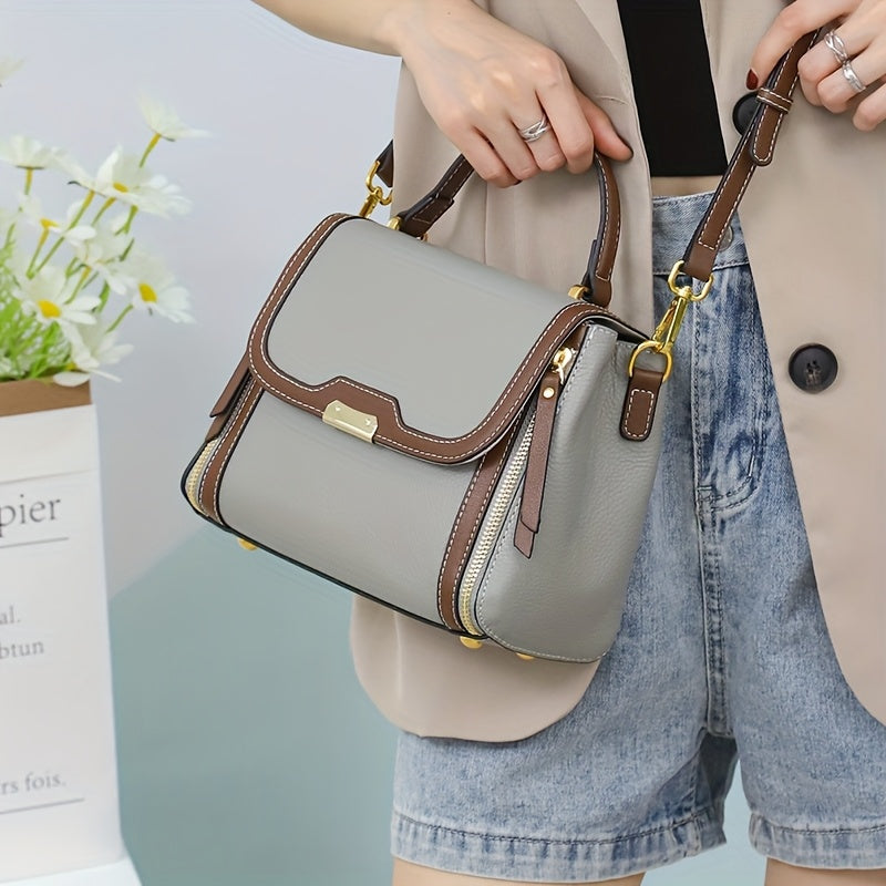 Leather Convertible Crossbody Bag Magnetic Closure Beige Light Brown Navy